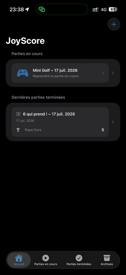 Écran d’accueil de l’application JoyScore