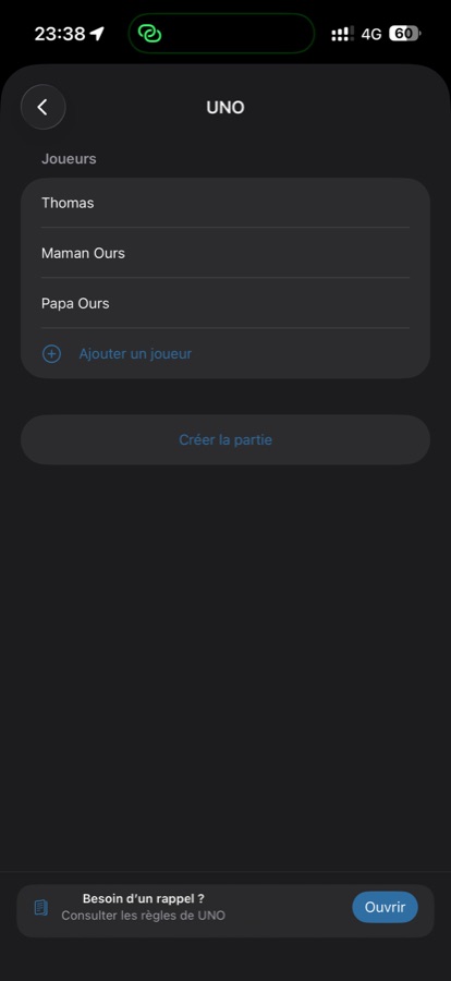 Ajout des joueurs pour une partie de UNO